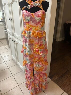 Wayf Pink Floral Ruffled Maxi Dress with front slit